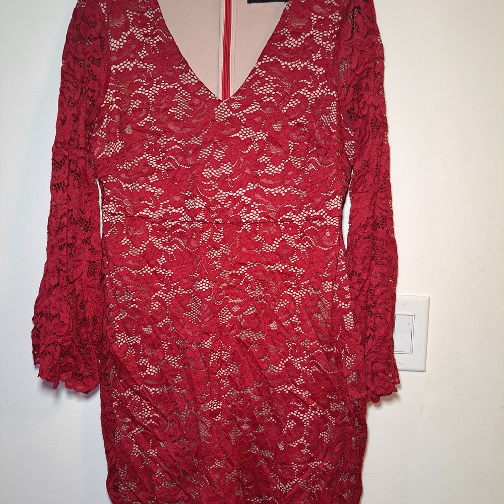 Red Sheath Dress with Bell Sleeves and V-Neck
